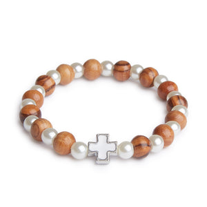 Hand Crafted Olive Wood & Pearl Bead Bracelet with Small Pearl Cross