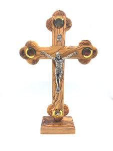 Olive Wood Crucifix Cross On Stand With Holy Soil, Holy Water, Incense And Olive Leaves, Metal Jesus, Made In Bethlehem OWC 005