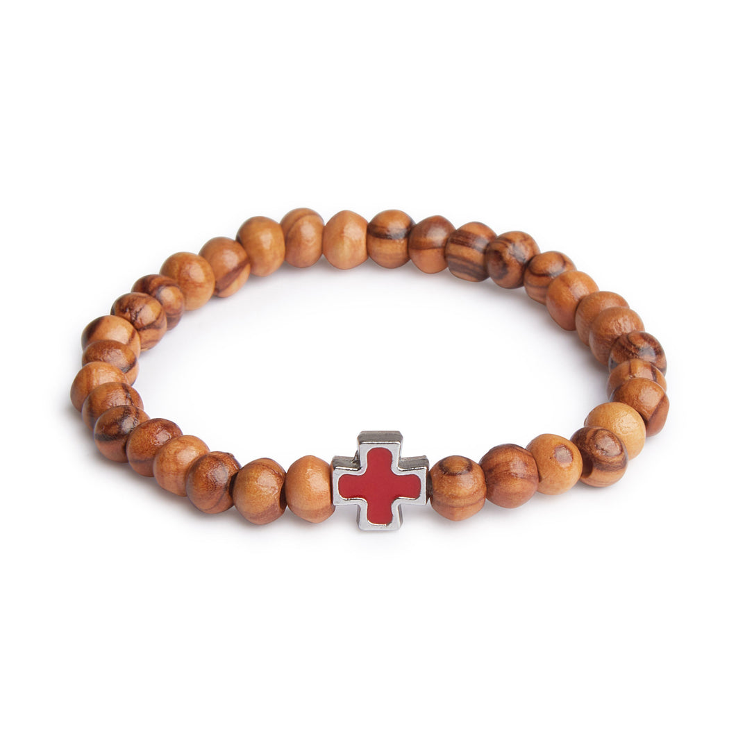 Hand Crafted Olive Wood Bead Bracelet with Small Red Cross