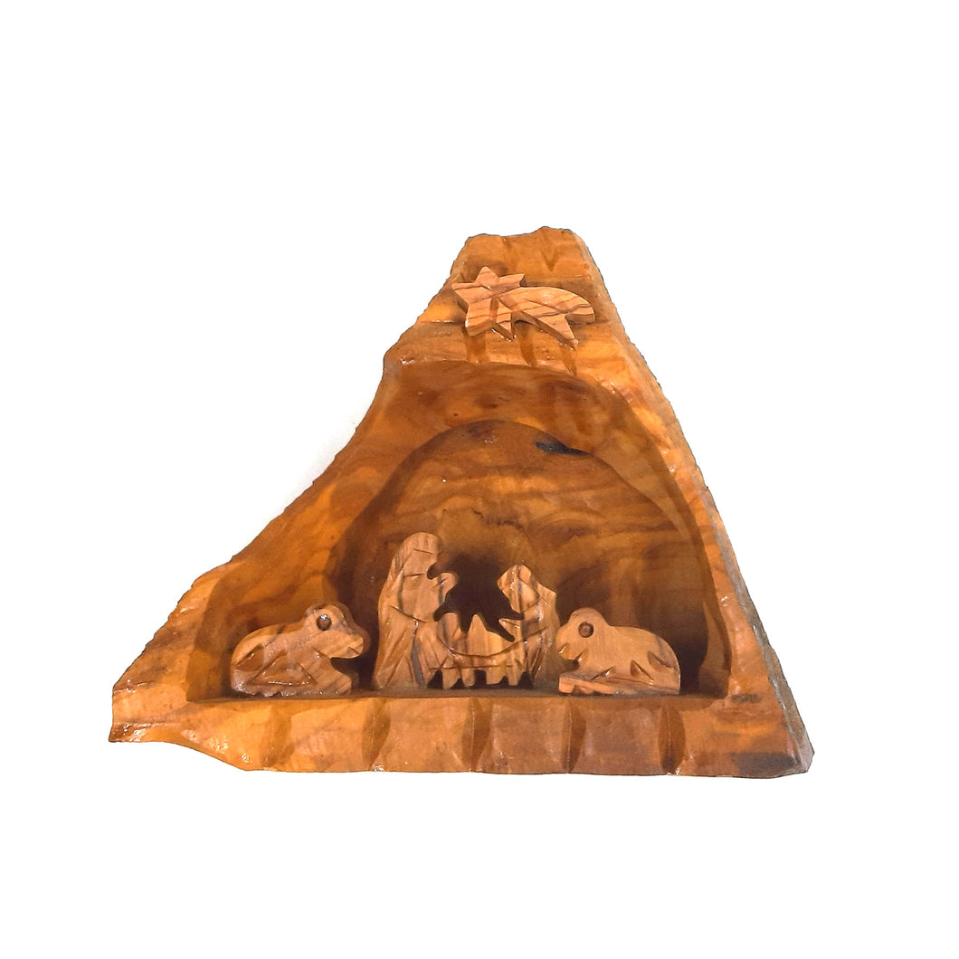 Hand Carved Small Olive Wood Cave Nativity Scene From Bethlehem - Small CAV I