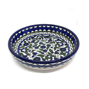 Hand-Painted Blue, Green and White Round Ceramic Serving Dish Made In The Holy Land