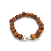 Load image into Gallery viewer, Olive Wood Bead Bracelet With Silver Cross
