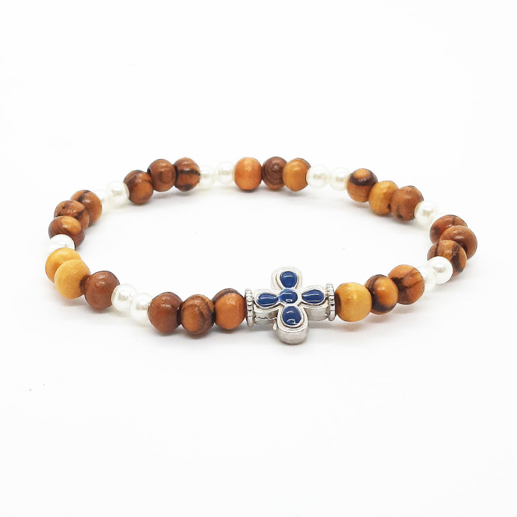 Hand Crafted Olive Wood & Pearl Bead Bracelet with Large Blue Cross