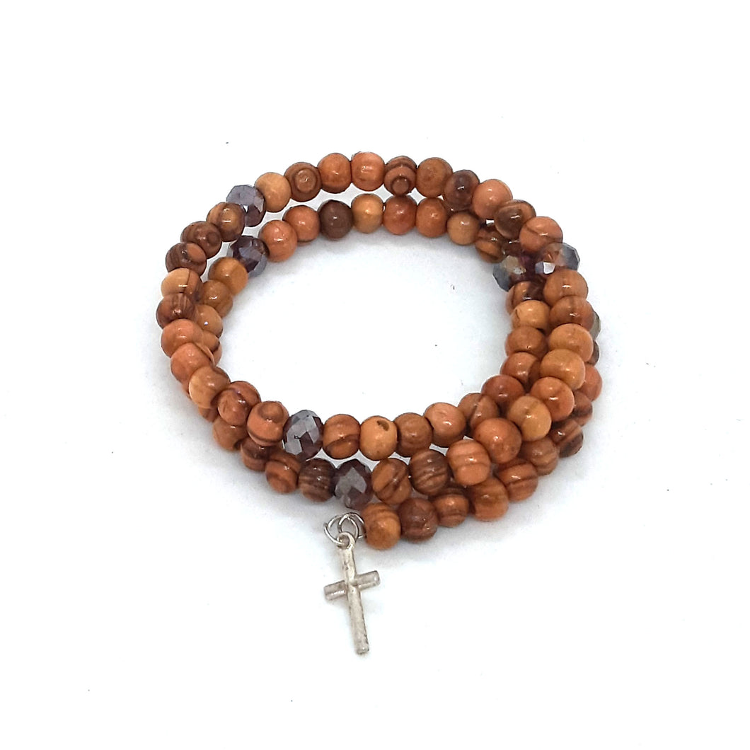 Olive Wood Handmade Bead Bracelet with Coloured Beads and Cross