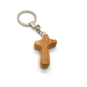 Small Holding Cross Hand Carved Olive Wood Keyring Made In The Holy Land Bethlehem