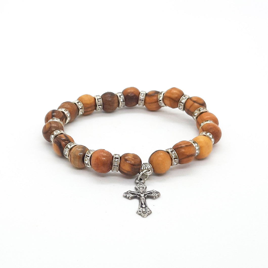 Hand Crafted Olive Wood Bead Bracelet with Silver Crucifix and Decorative Beading