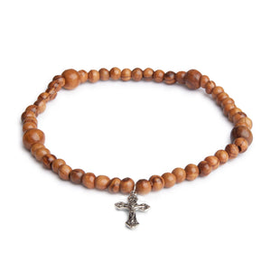 Hand Crafted Double Wrap Olive Wood Bead Bracelet with Silver Crucifix