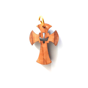 Olive Wood Cross Crucifix Pendant With Flared Edges and Dove