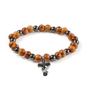 Hand Crafted Olive Wood Bead & Hematite Bead Bracelet with Silver Shaded Dove Cross