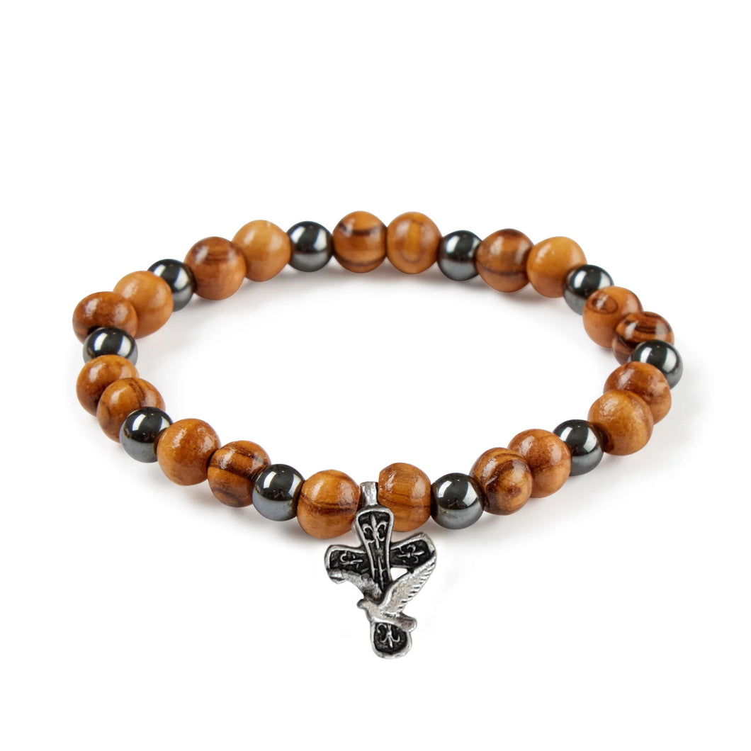 Hand Crafted Olive Wood Bead & Hematite Bead Bracelet with Silver Shaded Dove Cross