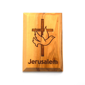 Peace Dove with Cross Rectangular Hand Crafted Olive Wood Fridge Magnet