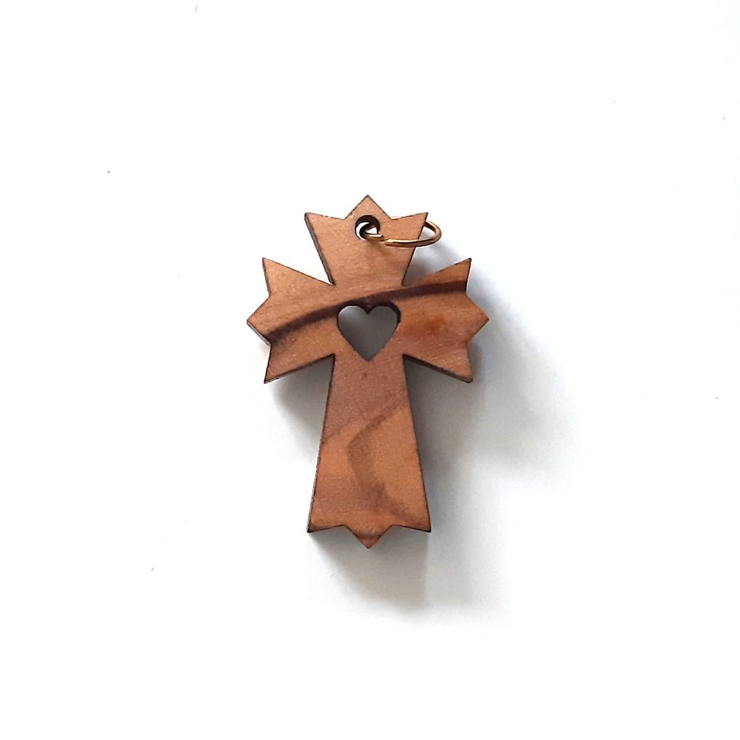 Olive Wood Large Cross Heart Pendant Cut Out