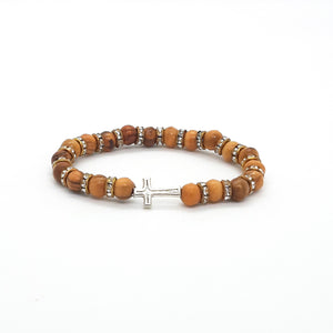 Hand Crafted Olive Wood Bead Bracelet with Silver Cross and Decorative Beading