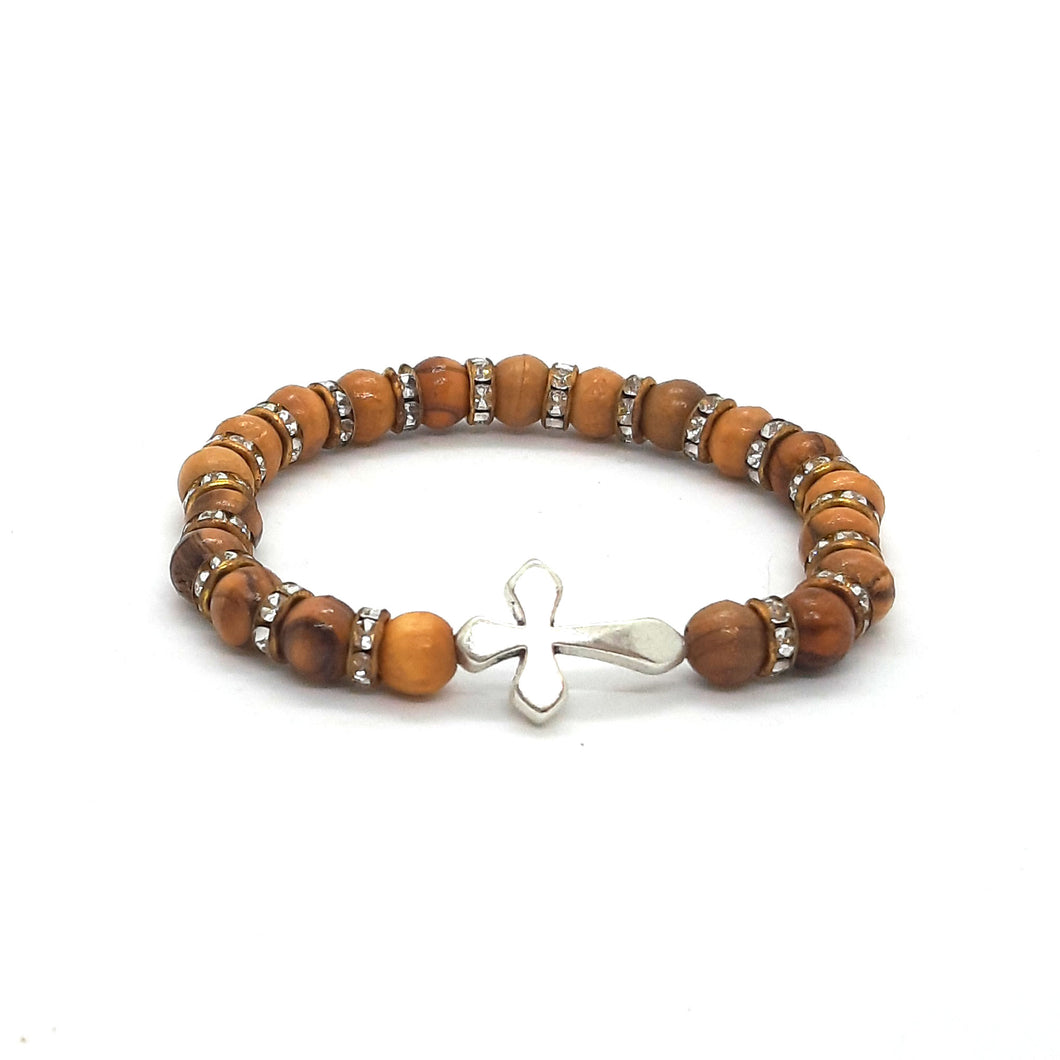 Hand Crafted Olive Wood Bead Bracelet with Large Cross