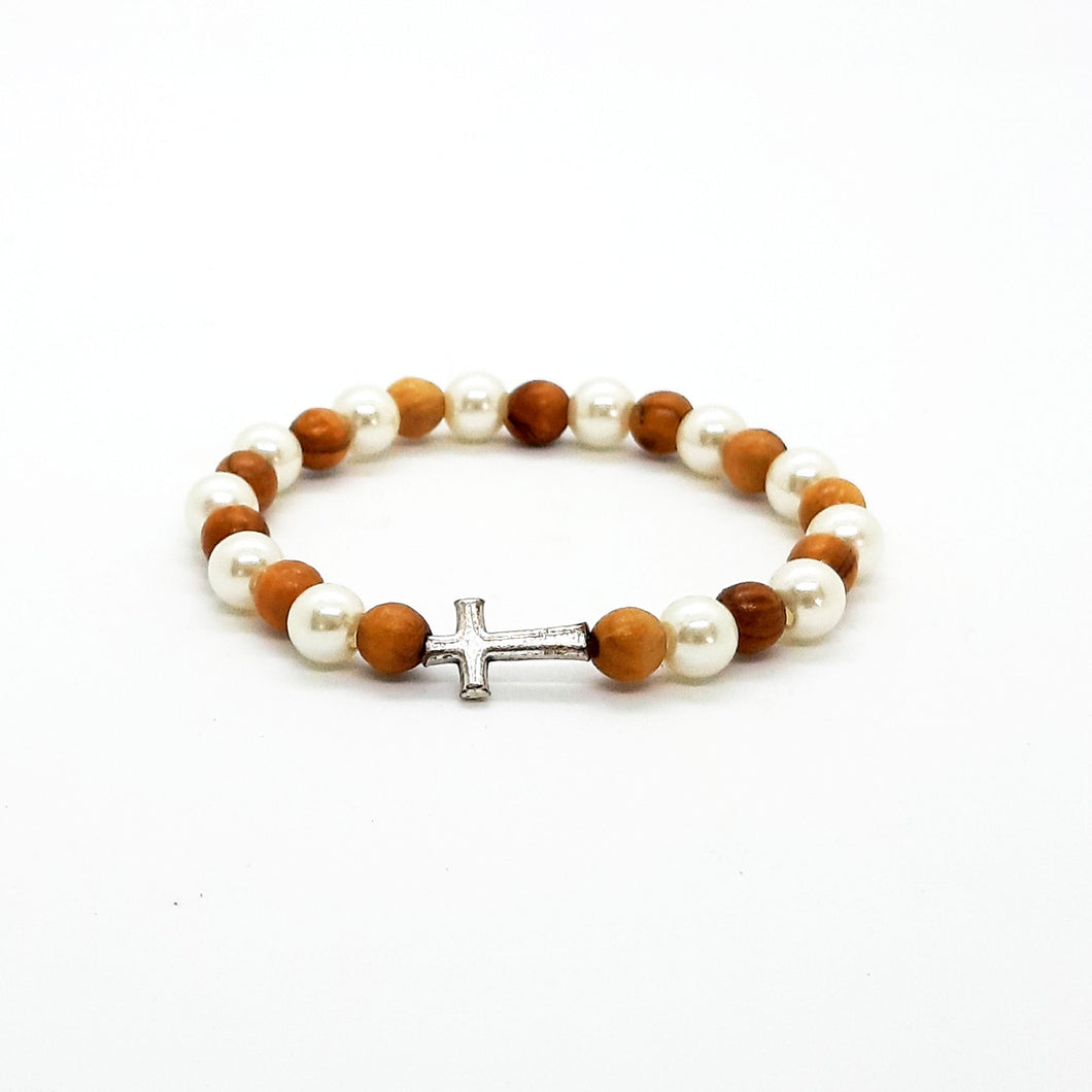 Hand Crafted Olive Wood & Silver Bead Bracelet with Silver Cross