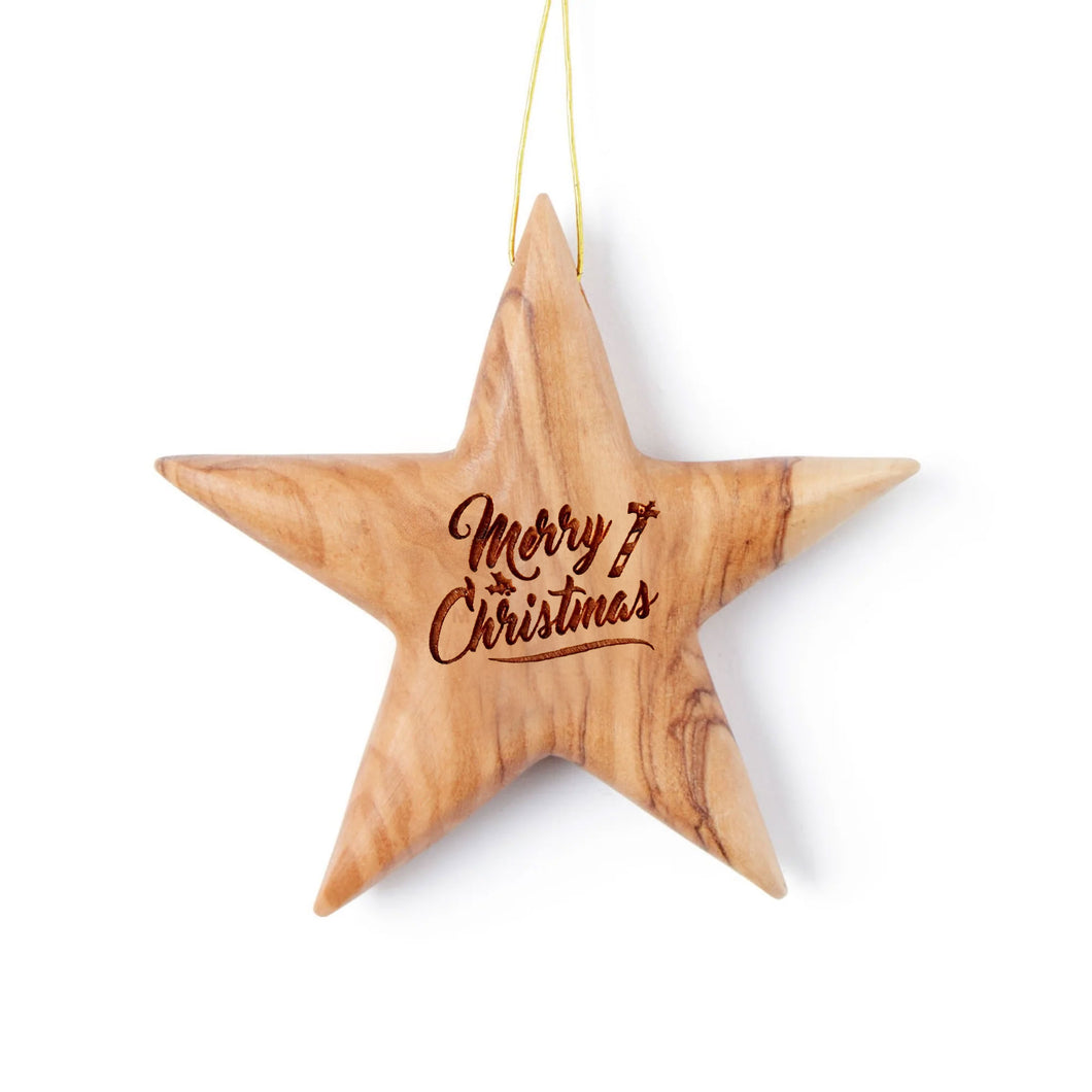 Handmade Olive Wood Merry Christmas Star Hanging Decoration