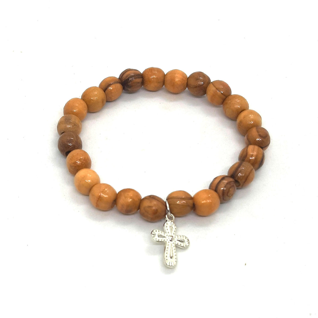 Hand Crafted Olive Wood Bead Bracelet with Decorative Silver Cross