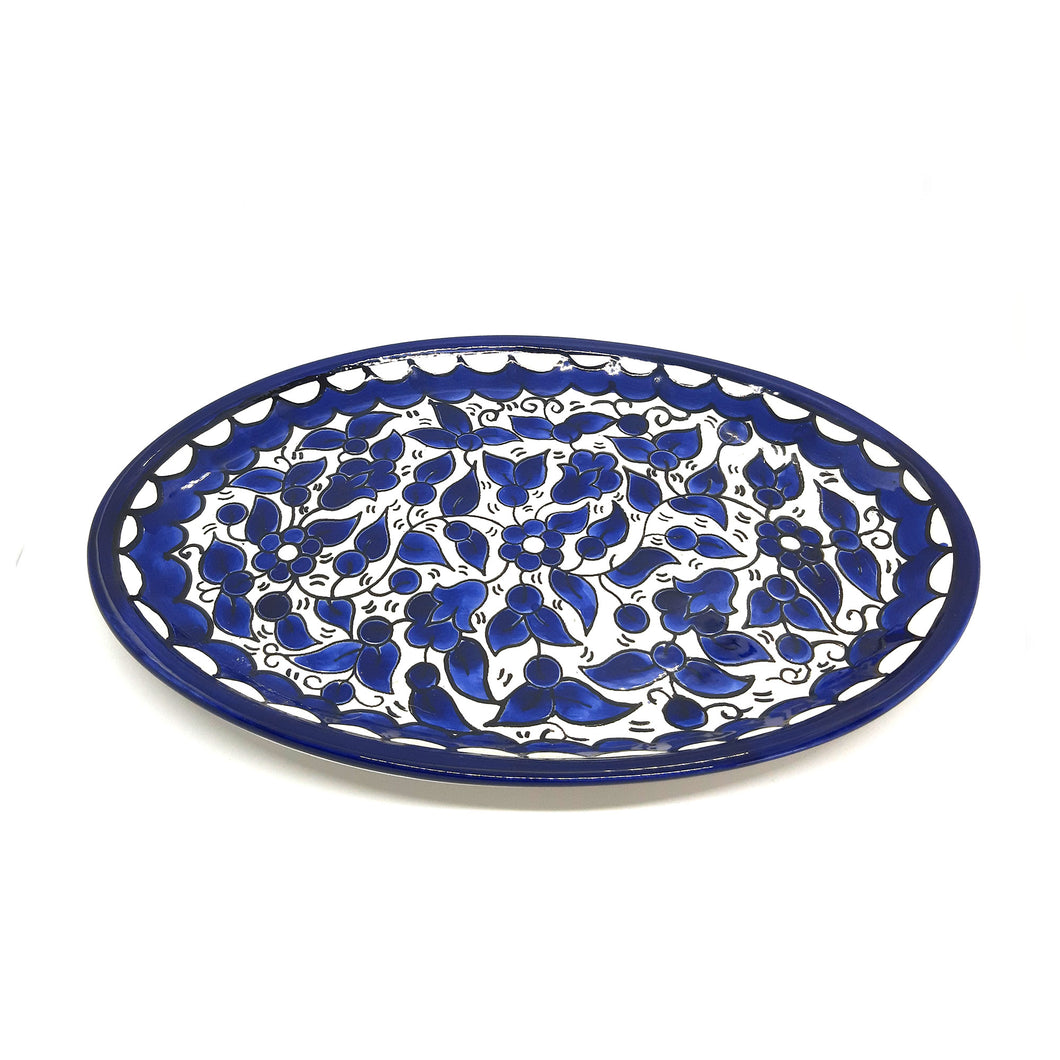 Hand-Painted Blue and White Oval Ceramic Plate Made In The Holy Land