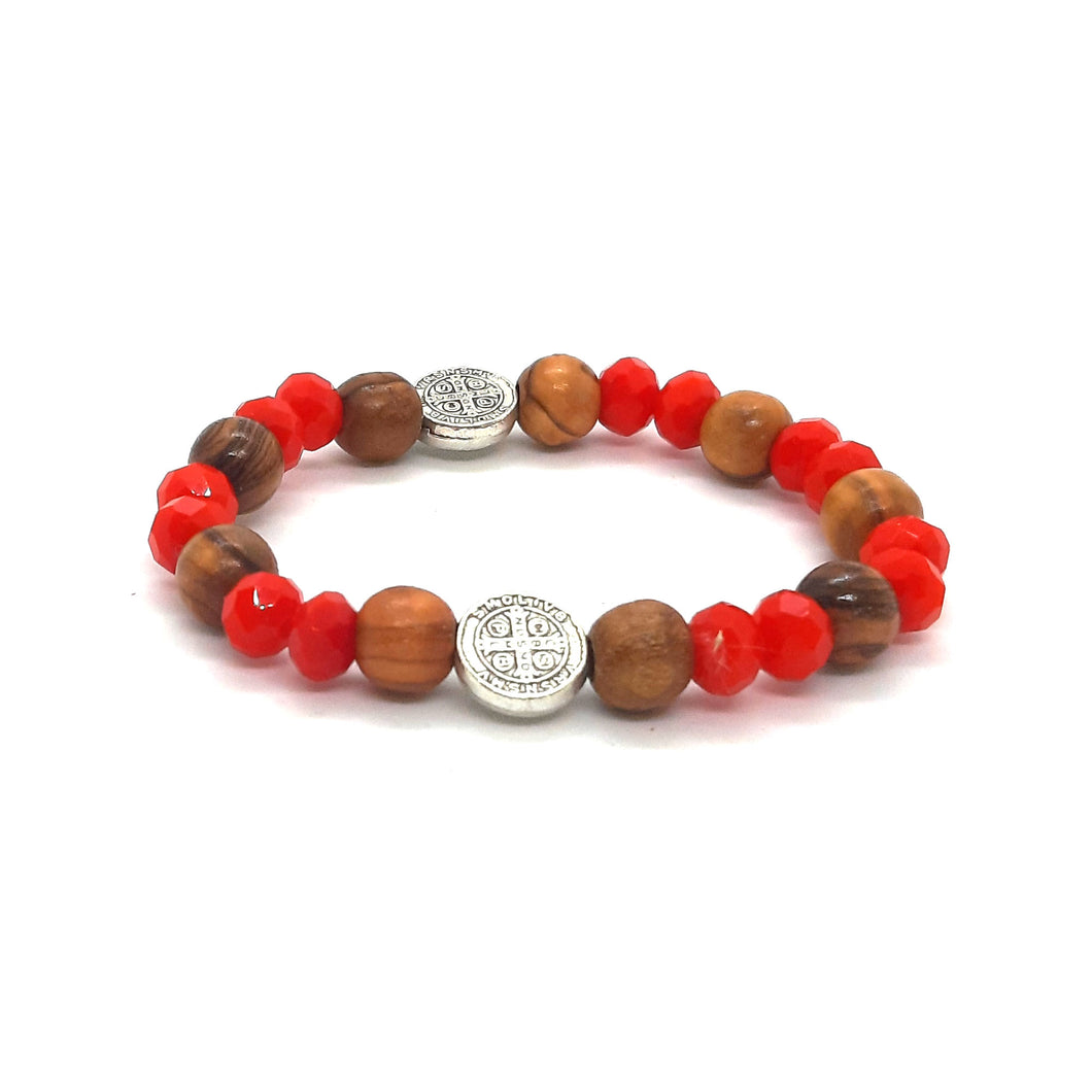 Hand Crafted Olive Wood & Red Bead Bracelet with Mother Mary And Cross