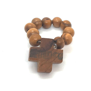 Hand Crafted Olive Wood Bead Finger Rosary Ring with Cross