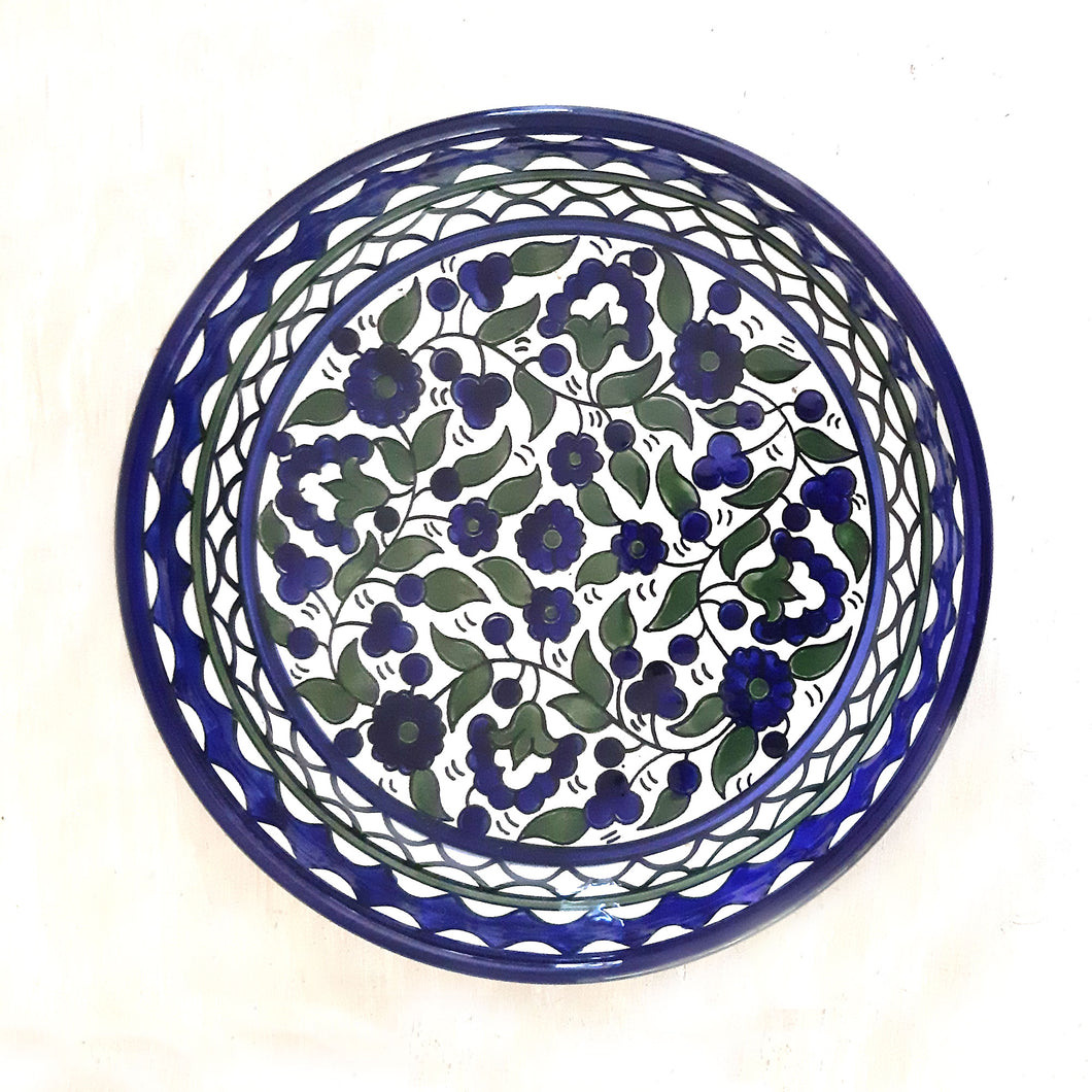 Hand-Painted Blue, Green and White Round Ceramic Serving Dish Made In The Holy Land