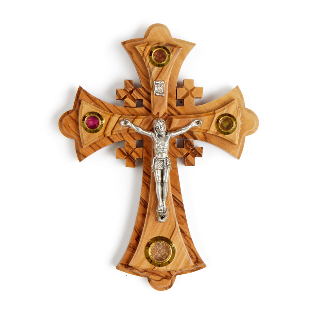 Olive Wood Crucifix Cross With Holy Soil, Holy Water, Incense And Olive Leaves, Made In Bethlehem OWC 029