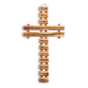 Lords Prayer Handmade Olive Wood Hanging Cross Crucifix With Our Father Engraving Made In Bethlehem, Small