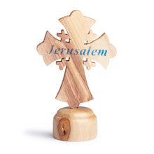 Load image into Gallery viewer, Small Hand Made Olive Wood Jerusalem Cross Crucifix With Base Made In The Holy Land Bethlehem
