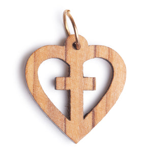 Olive Wood Cross Pendant In Heart