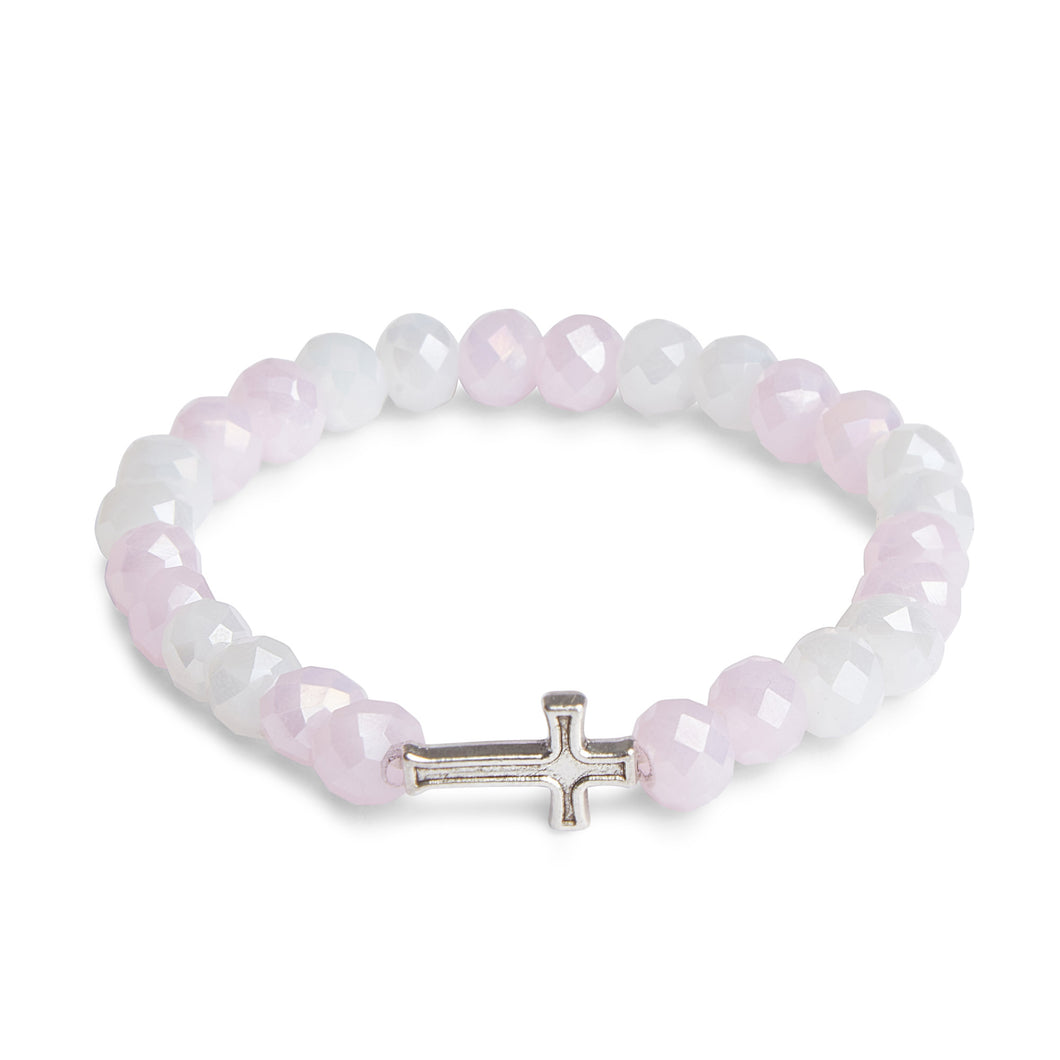 Contemporary New Design Bracelet With Pink & White Beads & Silver Cross