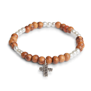 Hand Crafted Olive Wood & Pearl Bead Bracelet with Silver Flower Cross