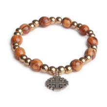 画像をギャラリービューアに読み込む, Gold &amp; Olive Wood Handmade Bead Bracelet With Jerusalem Cross
