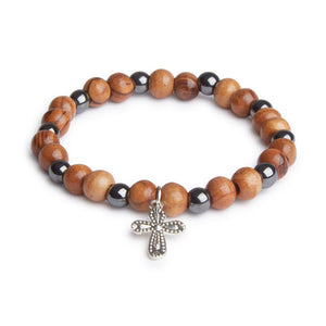 Hand Crafted Olive Wood & Hematite Bead Bracelet with Silver Ornate Cross