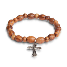 Load image into Gallery viewer, Hand Crafted Olive Wood Bead Bracelet with Silver Crucifix

