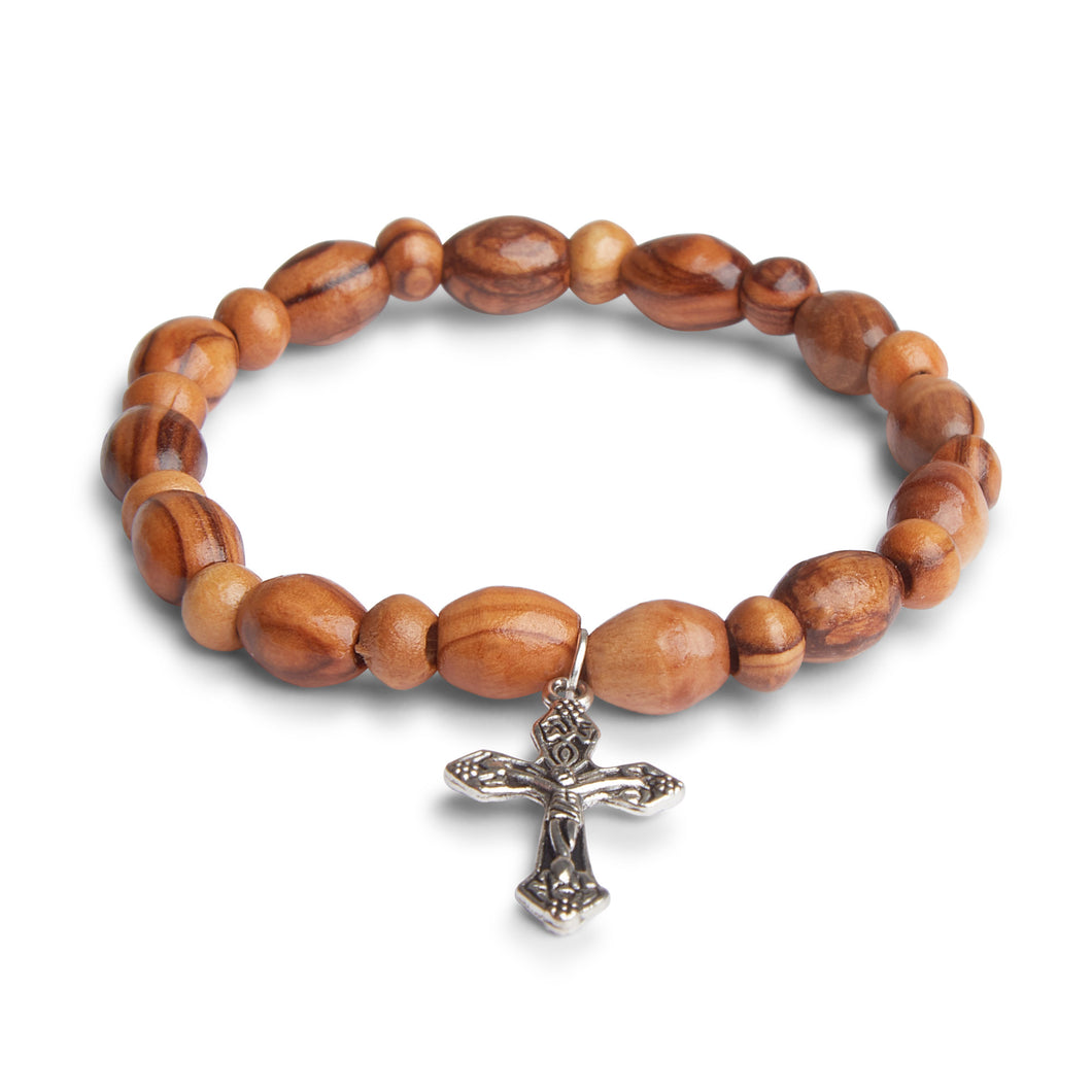 Hand Crafted Olive Wood Bead Bracelet with Silver Crucifix