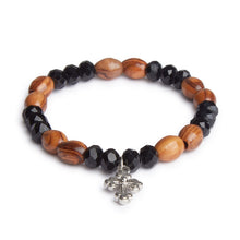 Load image into Gallery viewer, Hand Crafted Olive Wood &amp; Black Bead Bracelet With Silver Cross
