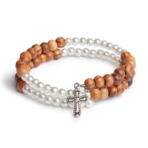 Hand Crafted Wrap Around Olive Wood Bracelet With Mother of Pearl Beads & Silver Cross