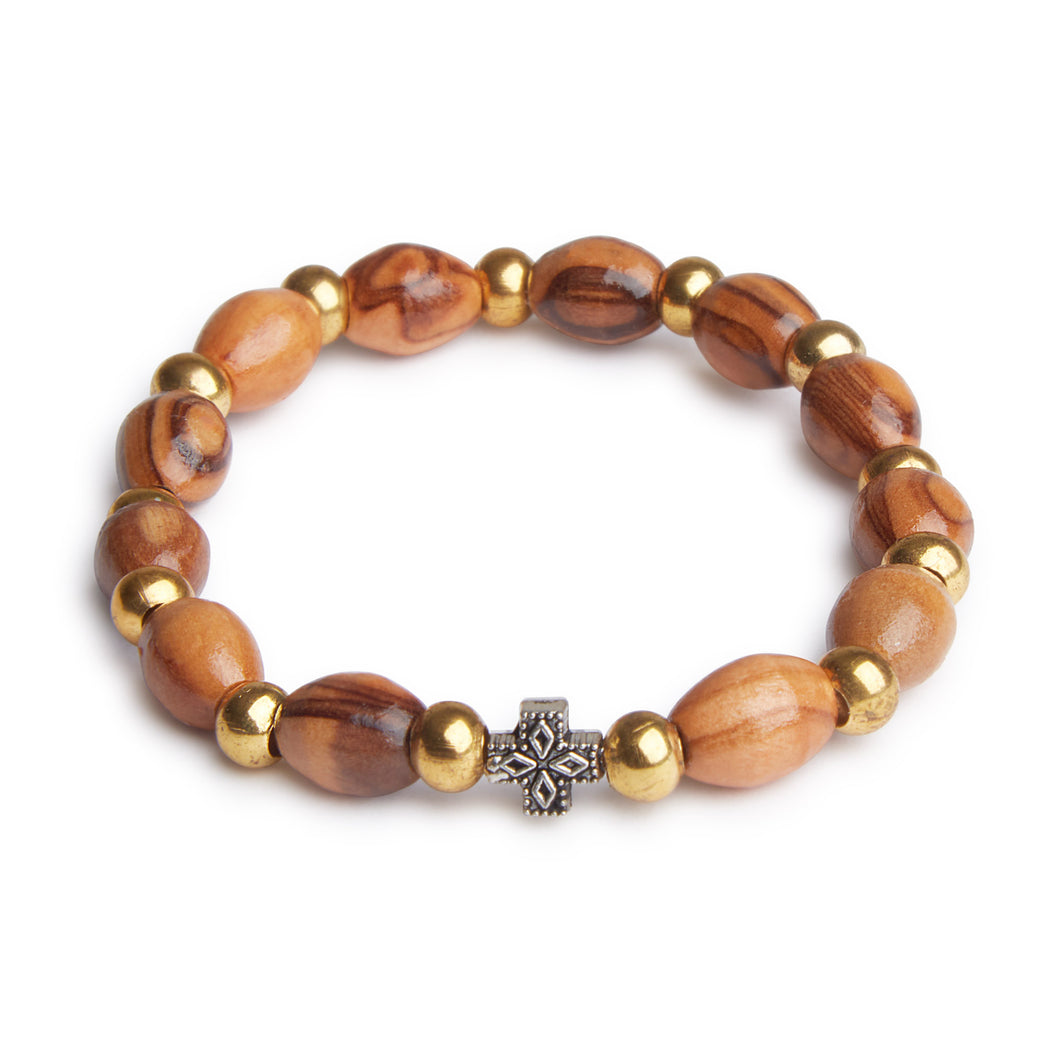 Gold & Olive Wood Handmade Bead Bracelet With Ornate Cross