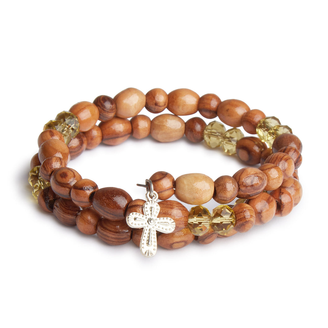 Hand Crafted Wrap Around Olive Wood Bracelet With Yellow Beads & Silver Cross
