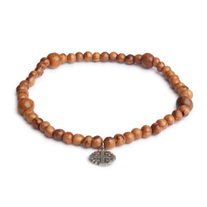 Hand Crafted Double Wrap Olive Wood Bead Bracelet with Silver Jerusalem Cross Pendent