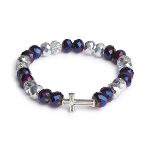 Contemporary New Design Bracelet With Purple & Silver Beads & Silver Cross