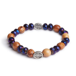 Hand Crafted Olive Wood & Purple Bead Bracelet with Mother Mary And Cross