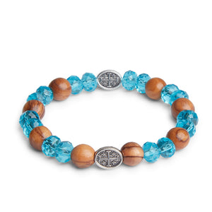 Hand Crafted Olive Wood & Blue Bead Bracelet With Mother Mary And Cross
