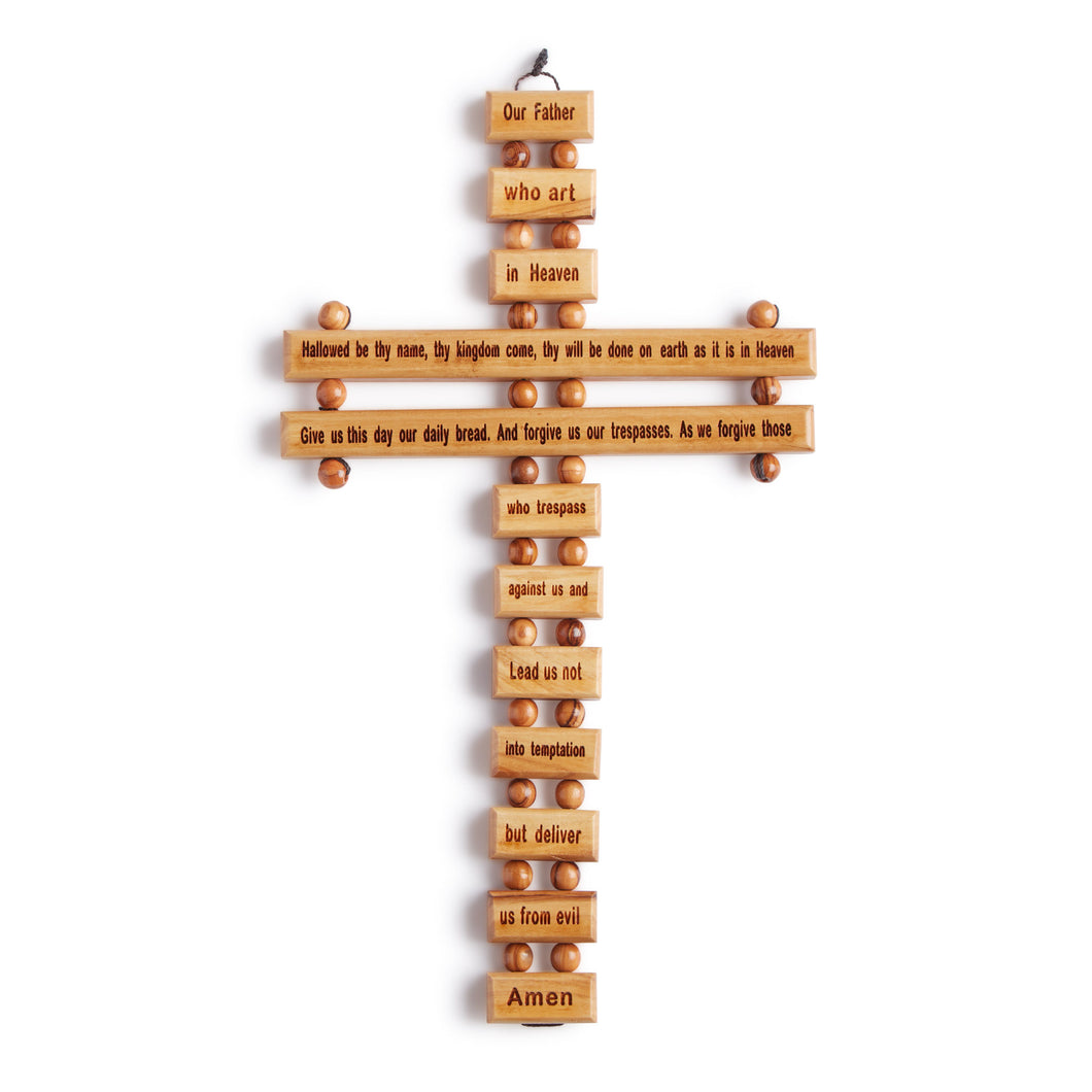 Lords Prayer Handmade Olive Wood Hanging Cross Crucifix With Our Father Engraving, Made In Bethlehem, Medium