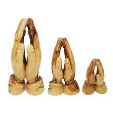 Load image into Gallery viewer, Hand carved olive wood praying hands made in Bethlehem, small, medium and large
