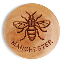 Load image into Gallery viewer, Handmade Bee Round Fridge Magnet, Hand Crafted Worker Bee Circular Magnet, Handmade Olive Wood Manchester Bee Magnet
