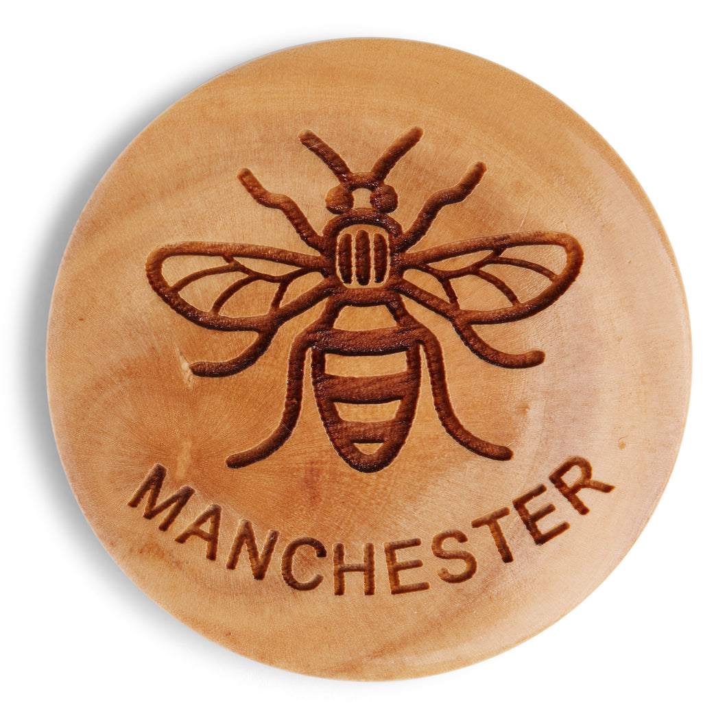Handmade Bee Round Fridge Magnet, Hand Crafted Worker Bee Circular Magnet, Handmade Olive Wood Manchester Bee Magnet