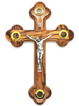 Load image into Gallery viewer, Handmade Olive Wood Four Corner Jerusalem Cross, Eastern Cross With Holy Soil, Olive Leaves, Rose Petals &amp; Incense - Large OWC 002
