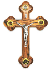 Load image into Gallery viewer, Four corner cross crucifix hand carved in Bethlehem from olive wood. Holy soil, olive tree leaves, incense, rose petals
