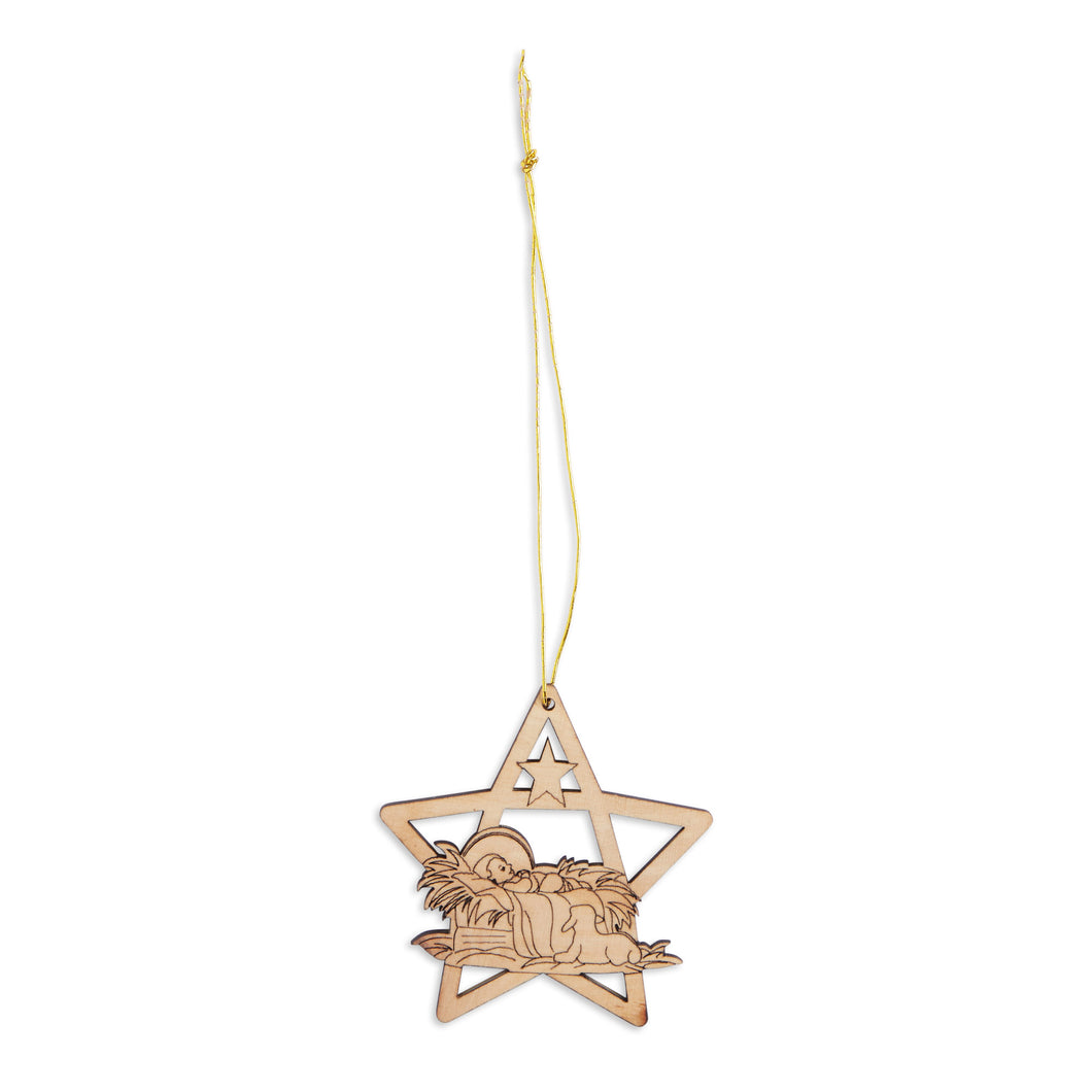 Star Jesus In The Manger Olive Wood Christmas Tree Decoration